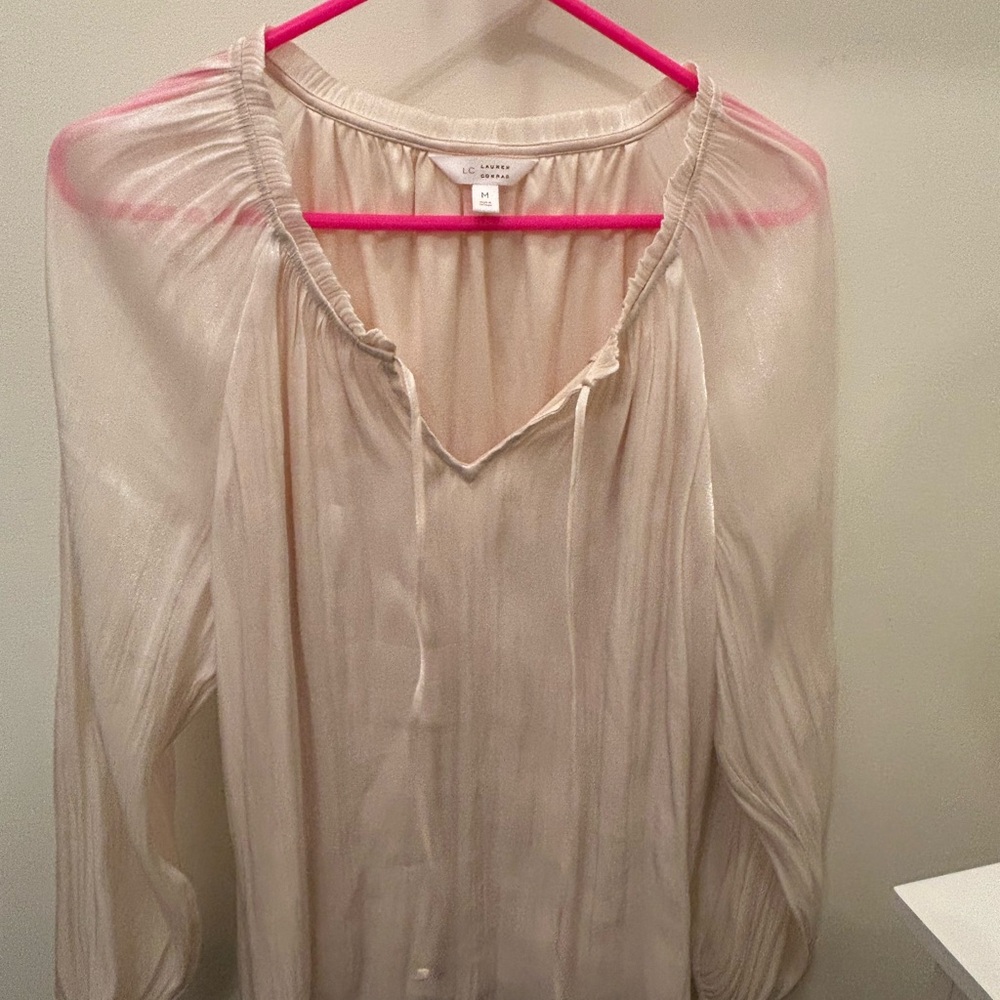 LC Lauren Conrad Soft Cream Peasant Blouse with V-Tie
